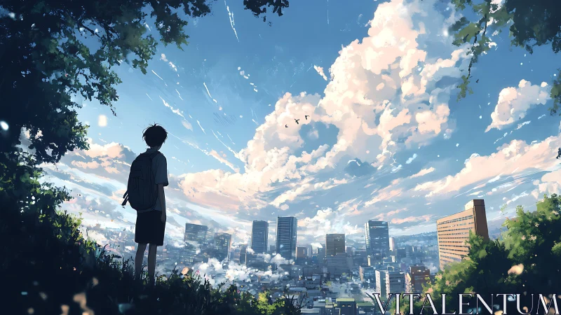 Anime cityscape vista with lone student under summer sky.