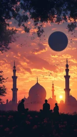 Silhouetted figures before domed mosque at vivid sunset.