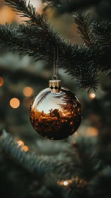 Shallow depth-of-field close-up of reflective Christmas bauble