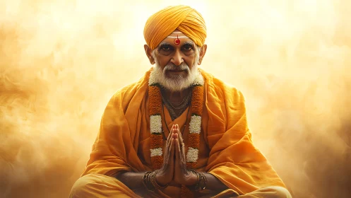 Elderly Hindu guru in orange robes, frontal meditative portrait