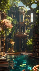 Sunlit overgrown library courtyard surrounds reflective pool