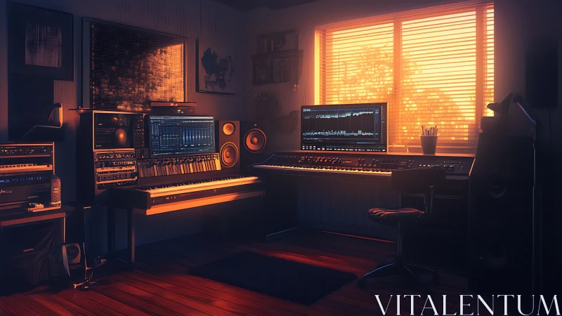 Cozy home music studio glowing in soft sunset light.