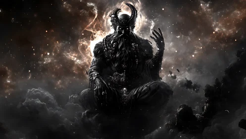 Cosmic horned deity seated in swirling nebular shadows