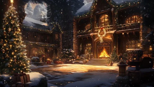 Snowy chalet courtyard glows with festive Christmas lights.