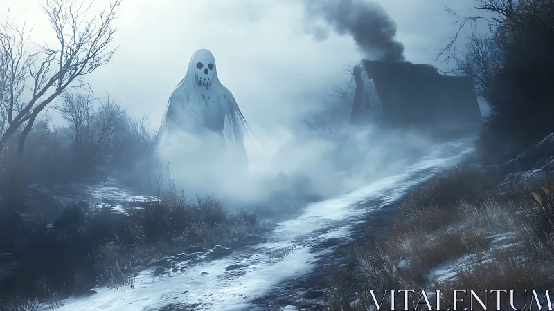 Ghostly giant in foggy winter field near ruined cottage.