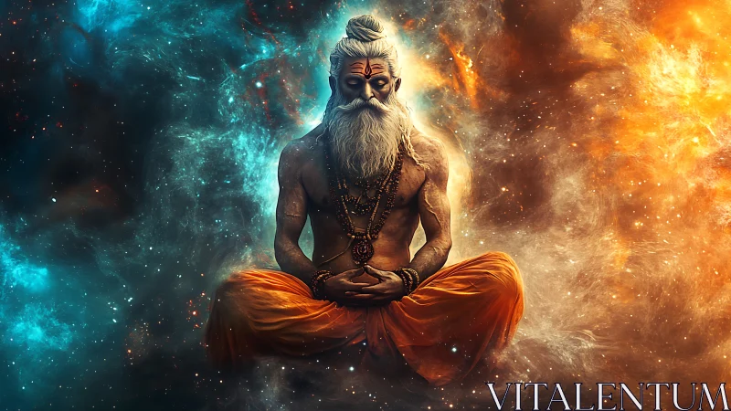 Cosmic sage meditates within swirling nebula firestorm