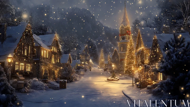 Snowy village street shows illuminated houses and church