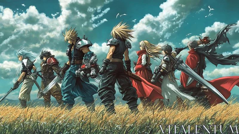 Wind-swept anime warriors crossing golden grassland horizon