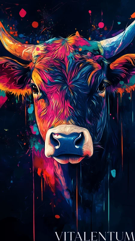 Vibrant frontal bull portrait rendered in neon digital strokes
