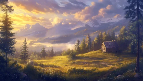 Sunlit mountain meadow with solitary forest cabin at dusk.