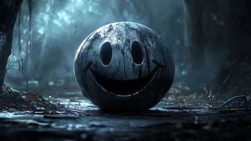 Rotting smiley sphere resting in misty haunted forest path.