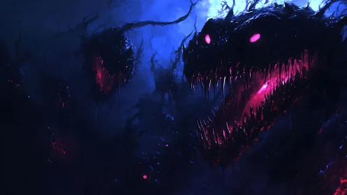 Digital painting of neon void beasts with serrated maws.