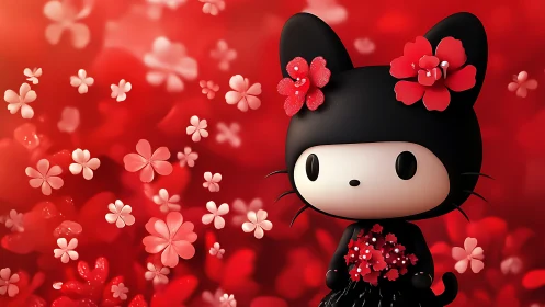 Black cat-like cartoon character amid red flowers.