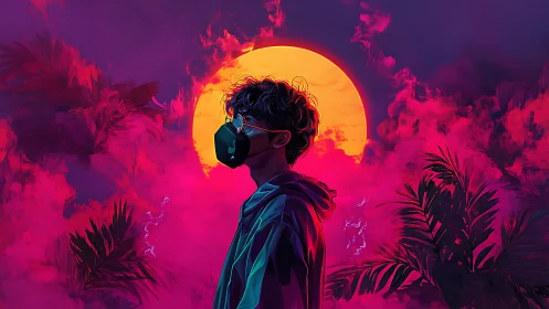 Neon dusk portrait of masked youth before burning sun.