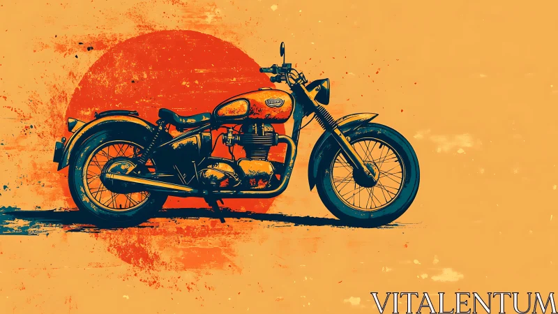 Vintage motorcycle stands before bold sunburst circle.