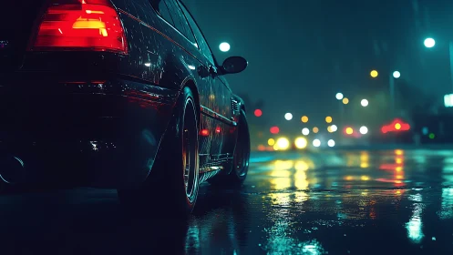 Rear three quarter sports coupe in neon lit rainy urban street