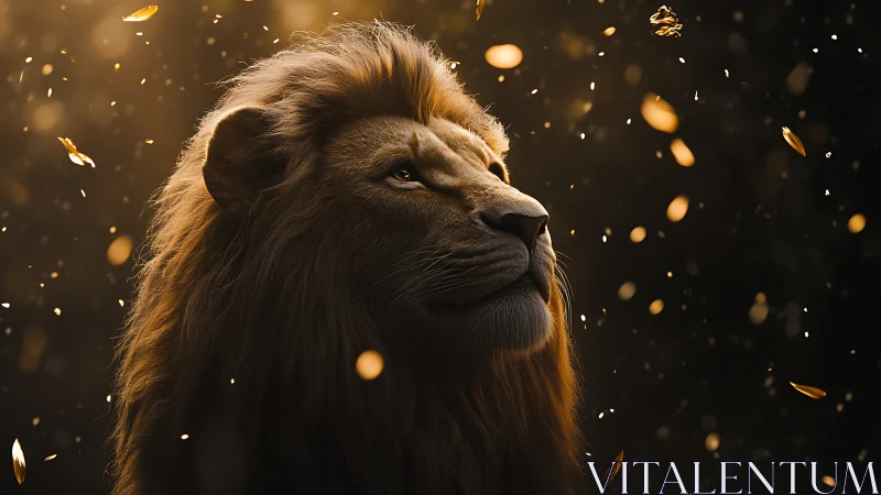Majestic lion portrait under falling golden petals.