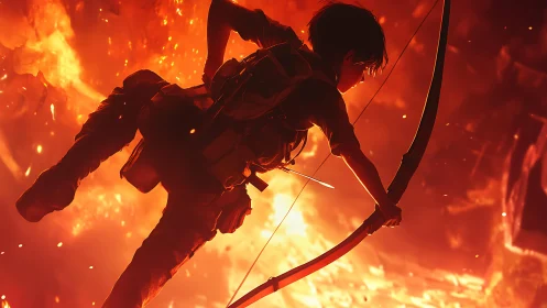 Archer in Inferno Combat Scene with Bow and Arrow