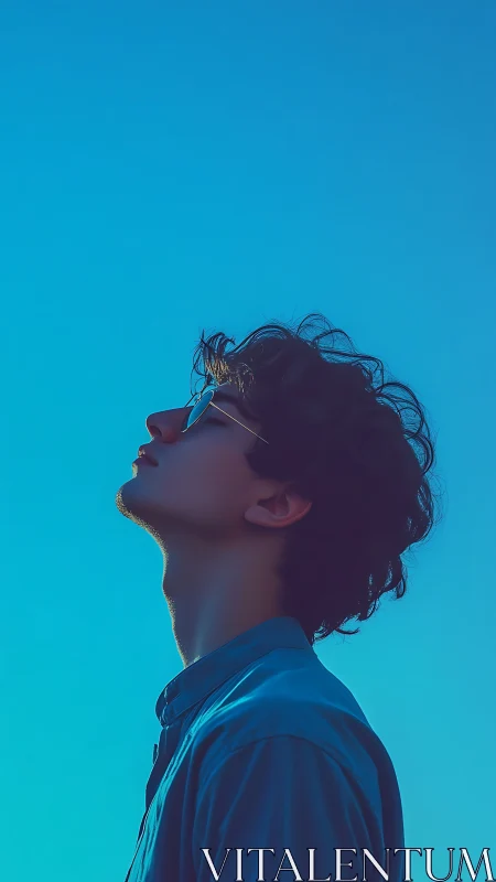 Side profile portrait under clear blue minimalist sky.