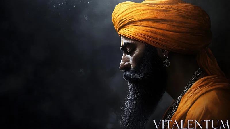 Side lit profile portrait of turbaned man in saffron robes