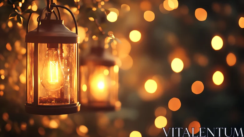 Metal lanterns with exposed bulbs glow against soft bokeh