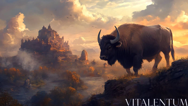 Colossal bison overlooks fortified citadel at atmospheric sunset