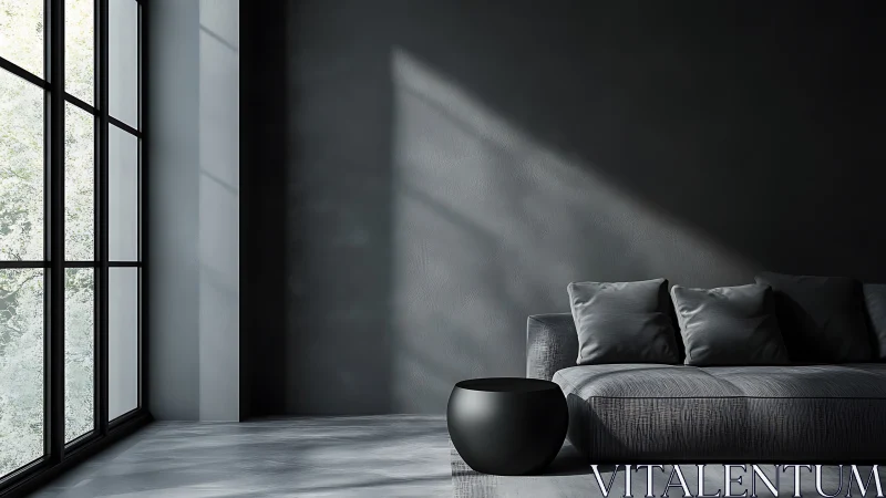 Minimalist dark living room with side-lit sofa and window wall