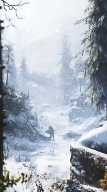 Lone soldier patrols narrow winter canyon in heavy snowfall.