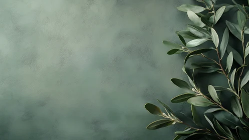 Diagonal eucalyptus branch arrangement on textured green background