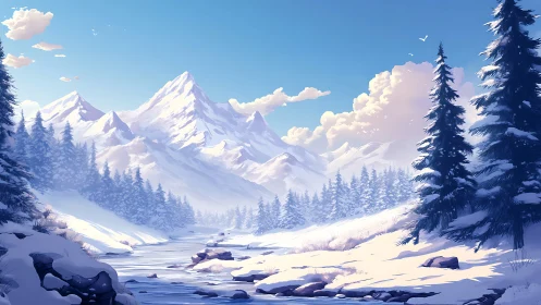 Sunlit alpine river cuts through snow-laden conifer valley