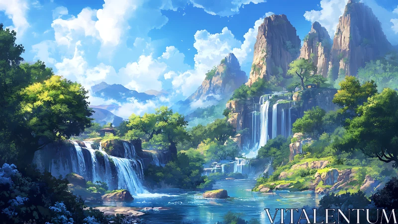 Luminous mountain waterfalls within a lush fantasy valley.