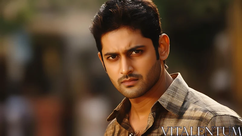 Intense outdoor portrait of a man in warm cinematic light