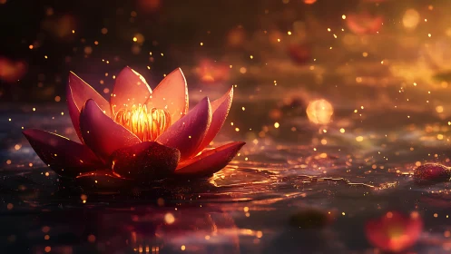 Glowing lotus afloat in golden evening sparkles.