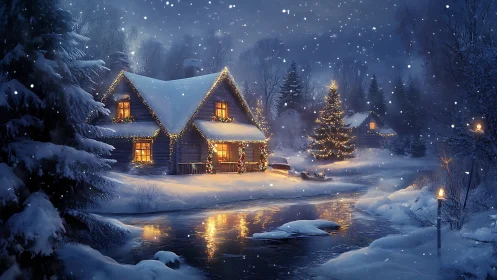 Snow-covered cabin and river under glowing holiday lights.