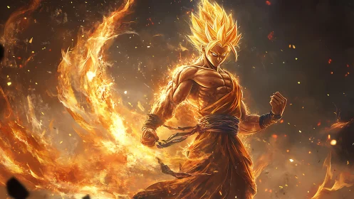 Fiery golden warrior surrounded by dynamic blazing aura.