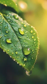 Rain-kissed leaf cradles crystal droplets in soft sunrise glow.