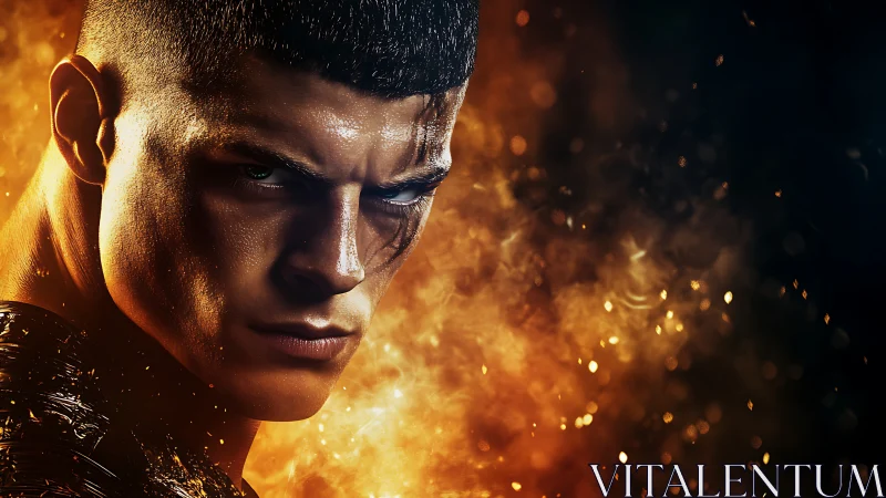 Scarred warrior portrait in cinematic firelit close-up view.