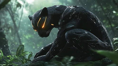 Futuristic panther guardian watching quietly in lush jungle.