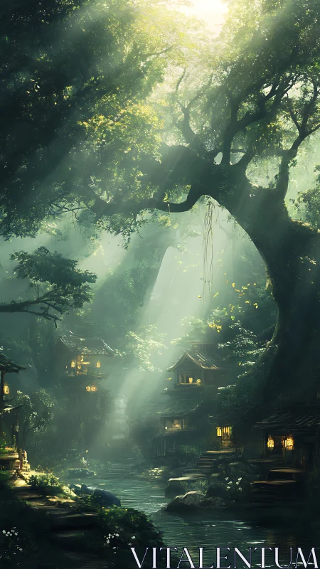 Luminescent Forest Haven: Where Ancient Trees Guard Golden Sanctums.