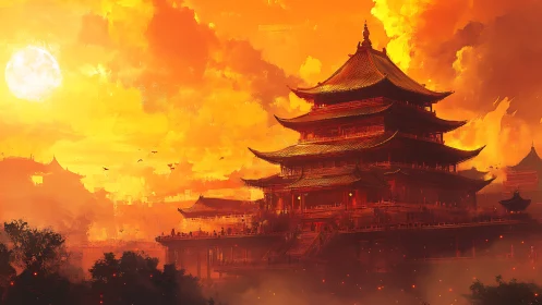 Multi-tiered pagoda stands against intense orange sunset sky