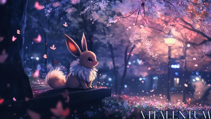 Eevee sits beneath glowing blossoms in a dreamy night garden
