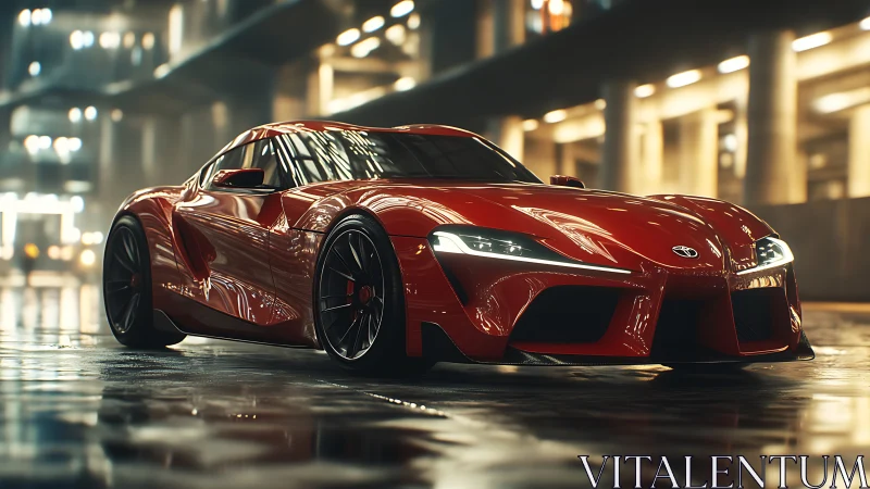 Red sports coupe reflects wet city lights in night scene