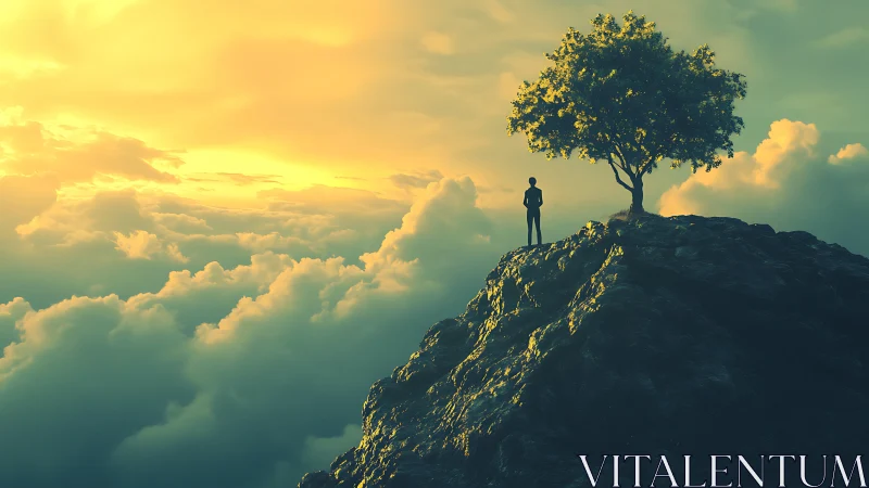 Quiet sunrise lookout above the clouds and lone tree.