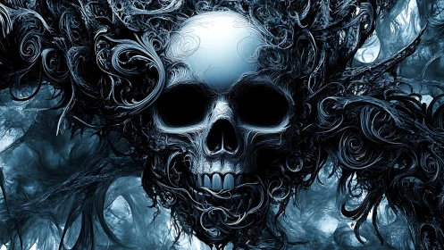Digitally rendered skull merges with dense swirling tendrils