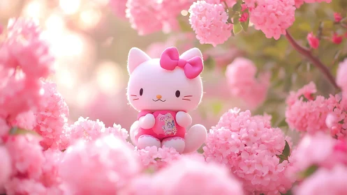 Pink bow kitten toy nestled in dreamy spring blossoms.