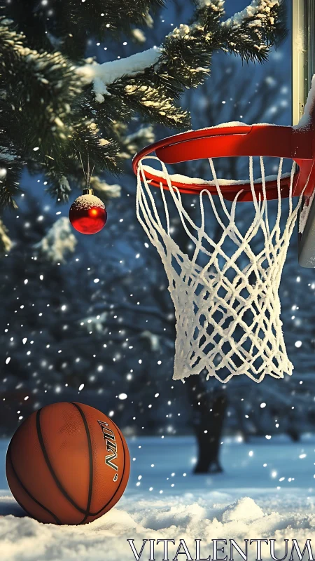 Snow covered basketball hoop stands beside ornamented tree