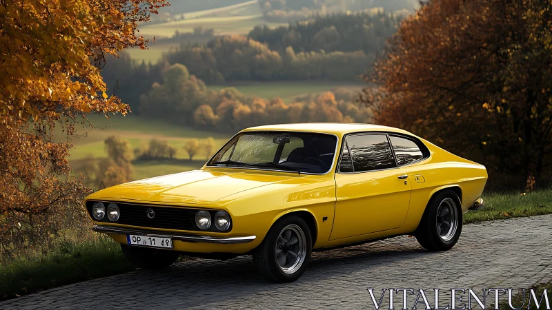 Vintage yellow coupe with period-correct wheels on rural cobblestone road