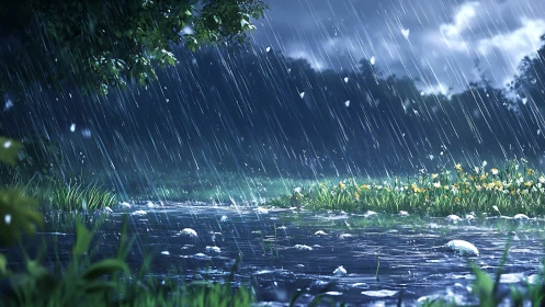 Rain falling over river and meadow with distant trees.