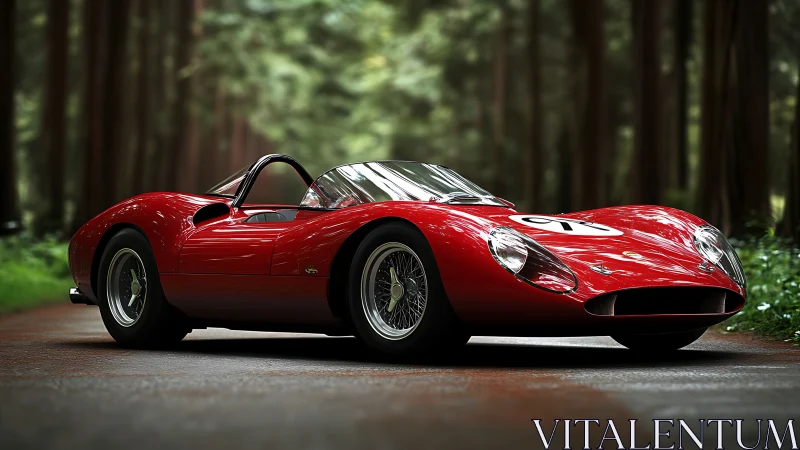 Classic red roadster resting in a peaceful forest lane.