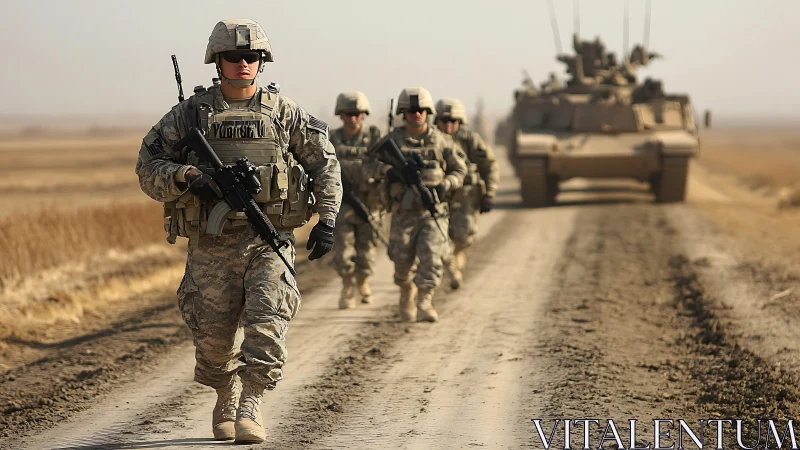 US soldiers patrol dusty rural road beside armored vehicle.